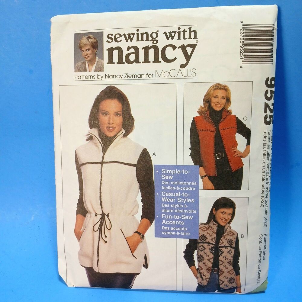 Vtg. 1995 McCall's Sewing w/ Nancy, #9525 Misses Unlined Vest, Sz 8-22 Cut